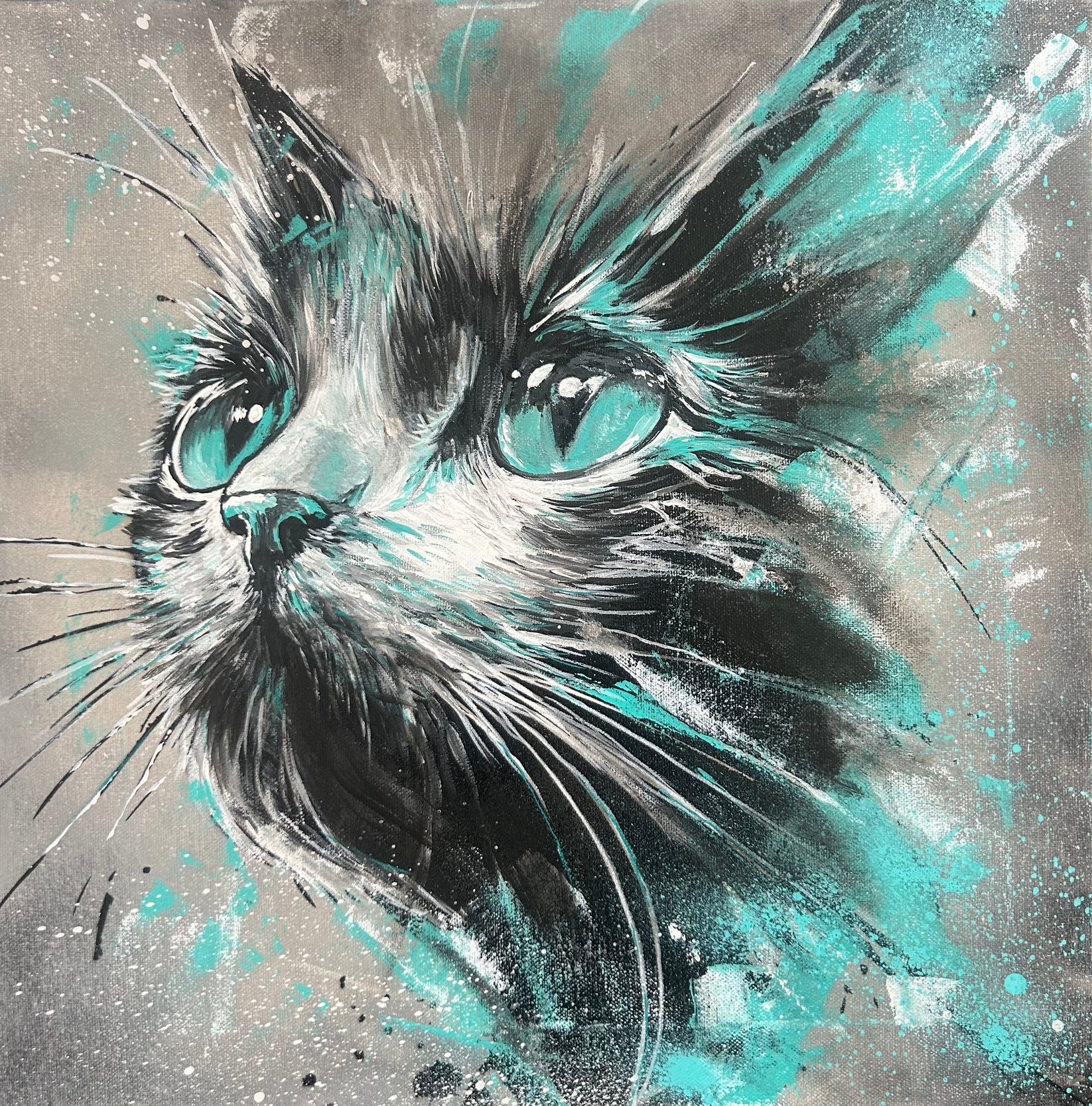CATWhisper — Acrylbild einer Katze mit leuchtenden türkisfarbenen Augen